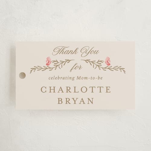This is a versailles baby shower favor tags with standard by Claudia Orengo called victorian printing on signature in tag