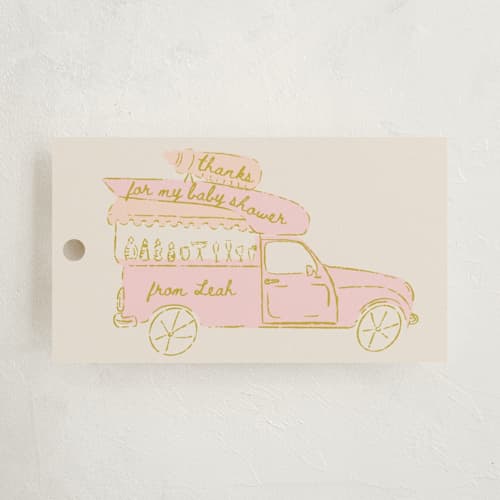 This is a blush baby shower favor tags with standard by Gwen Bedat called milk truck printing on signature in tag