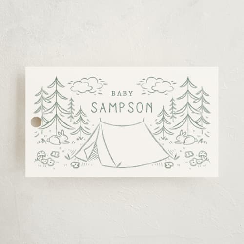 This is a sage baby shower favor tags with standard by Kiersten Garner called the adventure begins printing on signature in tag
