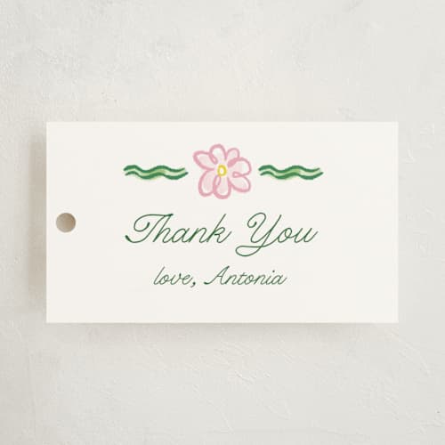 This is a garden baby shower favor tags with standard by Pati Cascino called dilleto printing on signature in tag