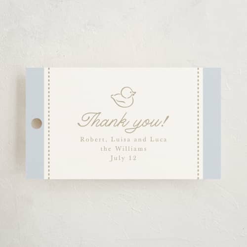 This is a hydrangea baby shower favor tags with standard by Tamara Hilje called baby duck printing on signature in tag