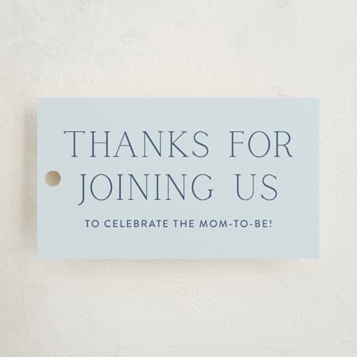 This is a azure baby shower favor tags with standard by Annie Shapiro called boy oh boy! printing on signature in tag