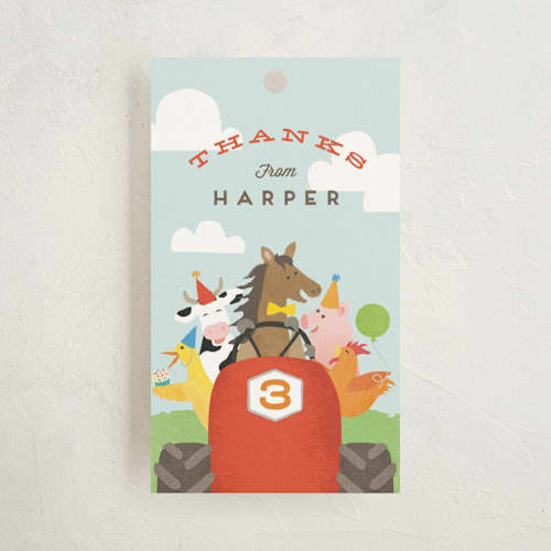 This is a robin’s egg kids gift tags with standard by Jennifer Wick called farm animal friends printing on signature in tag