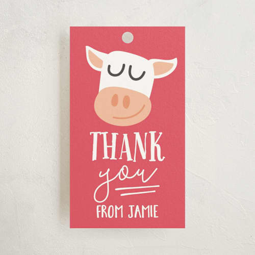 This is a candy apple kids gift tags with standard by Jessie Steury called oink & moo printing on signature in tag