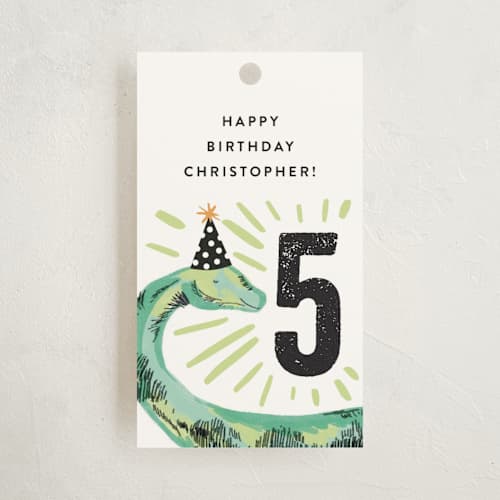 This is a fern kids gift tags with standard by Alethea and Ruth called dino party hat printing on signature in tag
