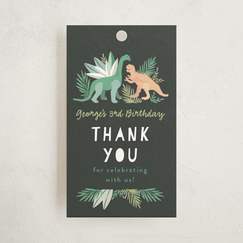 This is a graphite kids gift tags with standard by Alethea and Ruth called dino friends printing on signature in tag