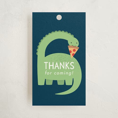 This is a leaf kids gift tags with standard by Kacey Kendrick Wagner called arched dinosaur printing on signature in tag