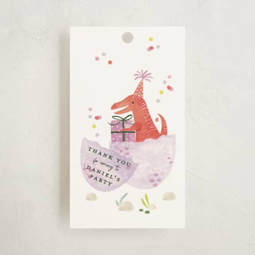 This is a forest kids gift tags with standard by Sarah Knight called party dinos printing on signature in tag
