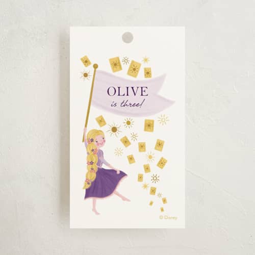 This is a lilac kids gift tags with standard by Katherine Dietz called disney's tangled floral birthday invite printing on signature in tag