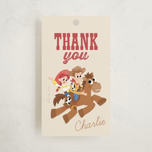 This is a vanilla kids gift tags with standard by Jessie Steury called disney and pixar's cowboy friends printing on signature in tag
