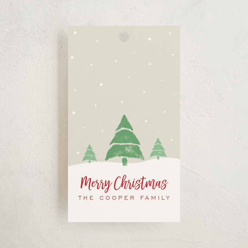 This is a linen gift tags with standard by Jen Tips called pines in the snow printing on signature in tag