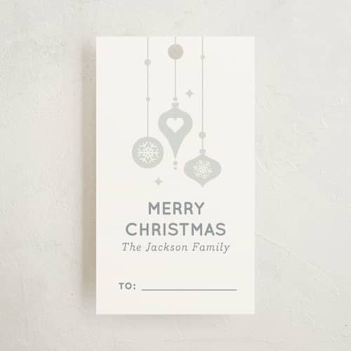 This is a diamond blue topaz gift tags with standard by Kristen Smith called snowy ornaments printing on signature in tag