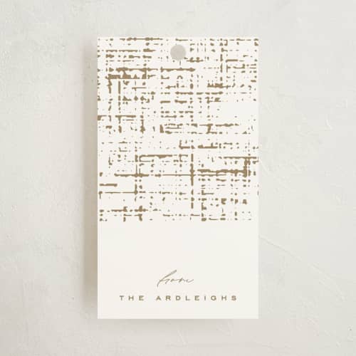 This is a tinsel gift tags with standard by Kristie Kern called brushed gold printing on signature in tag