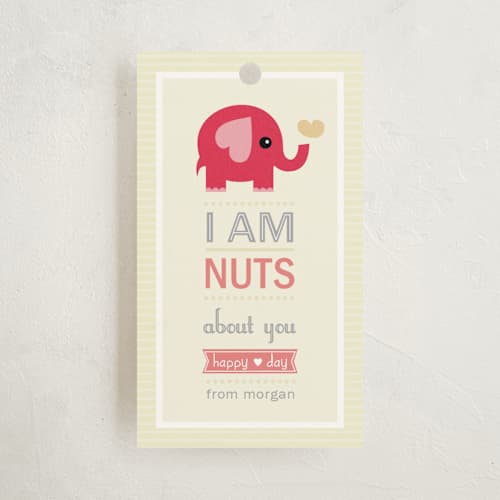 This is a candy pink gift tags with standard by Oma N. Ramkhelawan called nutty elephant printing on signature in tag