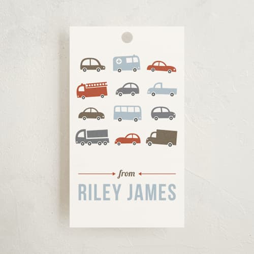 This is a pale blue gift tags with standard by Susan Asbill called beep beep printing on signature in tag