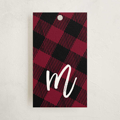 This is a crimson gift tags with standard by Sarah Brown called painterly plaid printing on signature in tag
