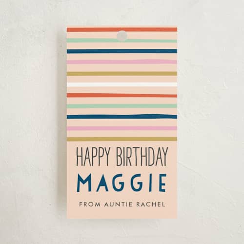 This is a peach gift tags with standard by Alethea and Ruth called confetti stripes printing on signature in tag