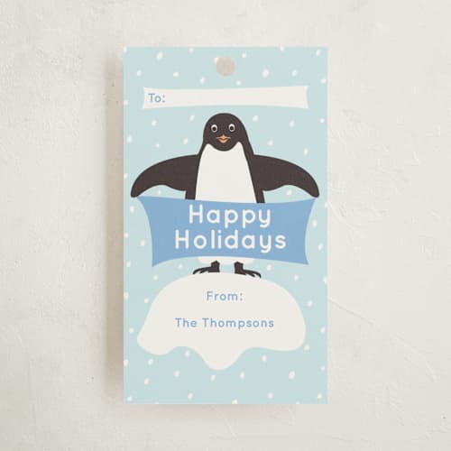 This is a sky gift tags with standard by Jennifer Holbrook called presents from penguins printing on signature in tag