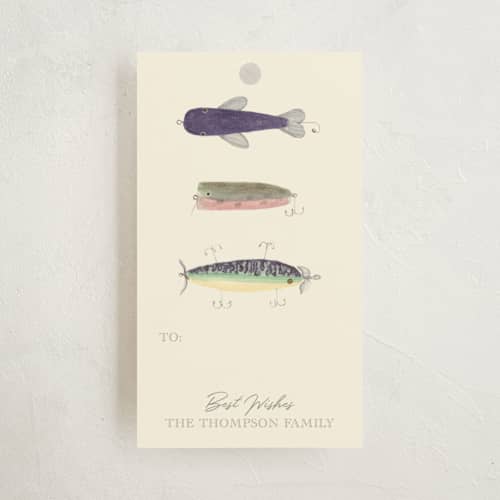 This is a ecru gift tags with standard by Jessie Burch called vintage fishing lures printing on signature in tag