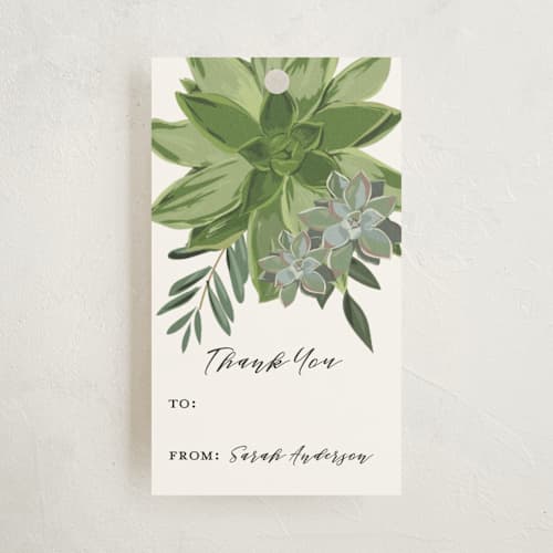 This is a ivory gift tags with standard by Susan Moyal called wrapped in succulents printing on signature in tag