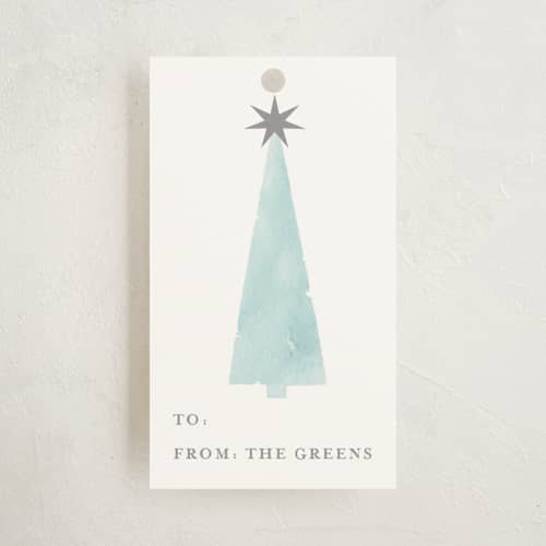 This is a aqua gift tags with standard by JeAnna Casper called woodblock tree printing on signature in tag