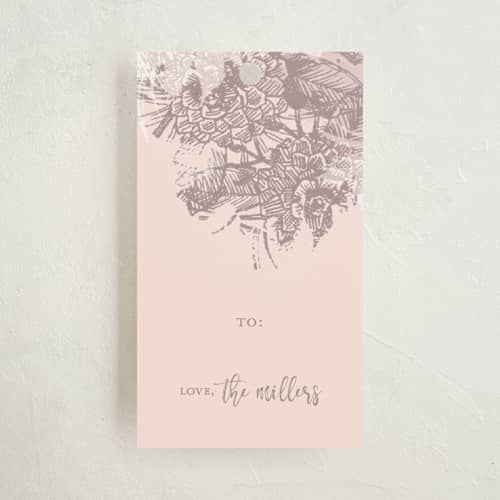 This is a taupe gift tags with standard by Phrosné Barwood called floral printing on signature in tag