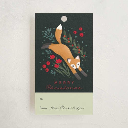 This is a charcoal gift tags with standard by Shannon Chen of Four Wet Feet Studio called festive animals printing on signature in tag