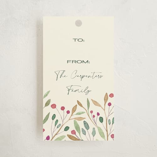 This is a buttercream gift tags with standard by Angelica Venegas called aesthetic botanical design with autumn leaves, and berries printing on signature in tag