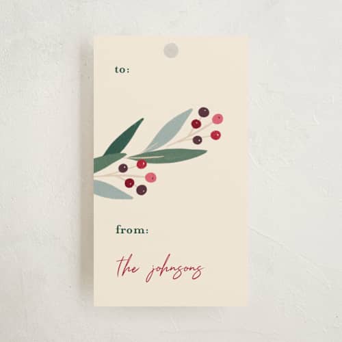 This is a forest green gift tags with standard by Becky Nimoy called california holly printing on signature in tag