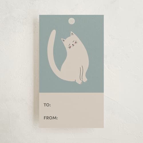 This is a periwinkle gift tags with standard by The Minty Elephant called white cats parade printing on signature in tag
