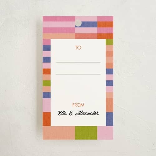 This is a sunrise gift tags with standard by Dominique Vari called colourful kilim printing on signature in tag