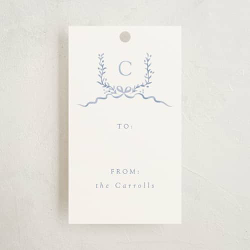 This is a frost gift tags with standard by Corinne Malesic called festive monogram printing on signature in tag