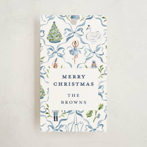 This is a blue ribbon gift tags with standard by Sarah Knight called nutcracker ribbons printing on signature in tag