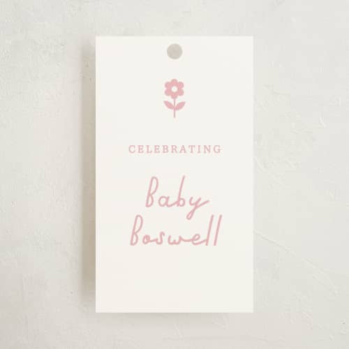 This is a petal baby shower favor tags with standard by Sara Hicks Malone called flora belle printing on signature in tag