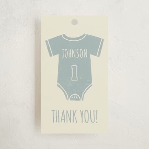 This is a sky baby shower favor tags with standard by Rebekah Canavan called baseball baby shower printing on signature in tag