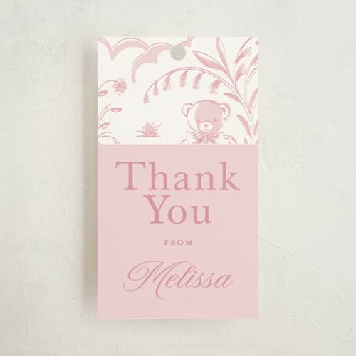 This is a blush baby shower favor tags with standard by Teju Reval called baby toile printing on signature in tag