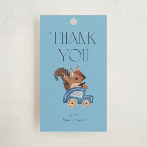 This is a navy baby shower favor tags with standard by Vivian Yiwing called woodland cars printing on signature in tag