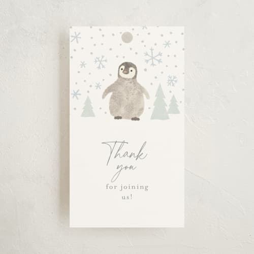 This is a seafoam baby shower favor tags with standard by Jennifer Wick called arctic friends printing on signature in tag