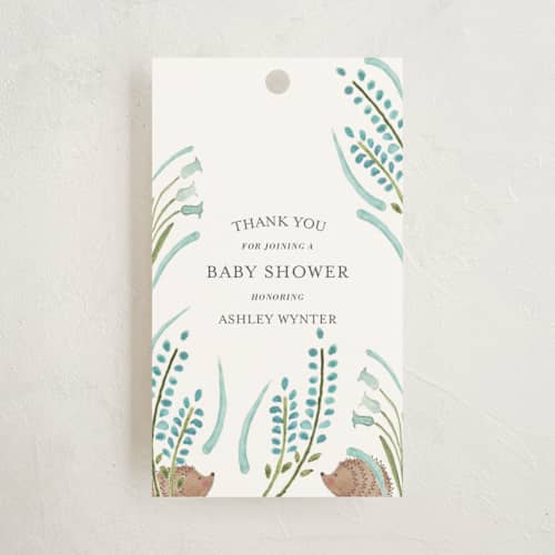 This is a robin's egg baby shower favor tags with standard by Hallie Fischer called hedge hog heaven printing on signature in tag