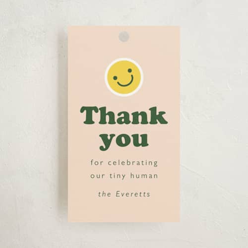 This is a sunshine baby shower favor tags with standard by Hudson meet Rose called scout badges printing on signature in tag