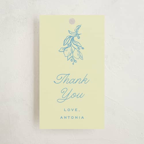 This is a lemonade baby shower favor tags with standard by Pati Cascino called ciao baby printing on signature in tag