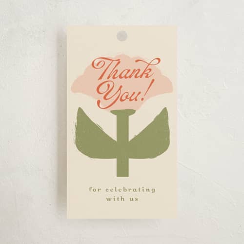 This is a peony baby shower favor tags with standard by Lisa McLean called tulip printing on signature in tag