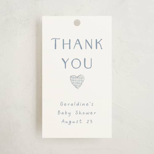 This is a blueberry baby shower favor tags with standard by frau brandt called soft quilt printing on signature in tag