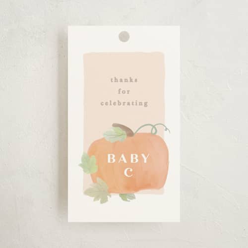 This is a blush baby shower favor tags with standard by Creo Study called lil pumpkin printing on signature in tag