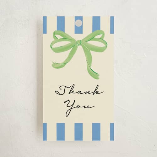 This is a lime baby shower favor tags with standard by Jackie Crawford called petit pomodoro printing on signature in tag