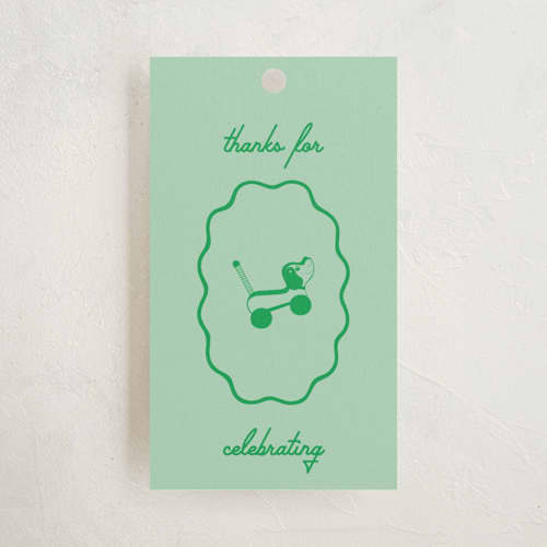 This is a mint baby shower favor tags with standard by Jen Ramsey called vintage classic printing on signature in tag