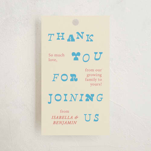 This is a blueberry baby shower favor tags with standard by Kartika Paramita called oh baby it's time printing on signature in tag