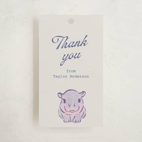 This is a twilight frost baby shower favor tags with standard by Cass Loh called baby hippo printing on signature in tag