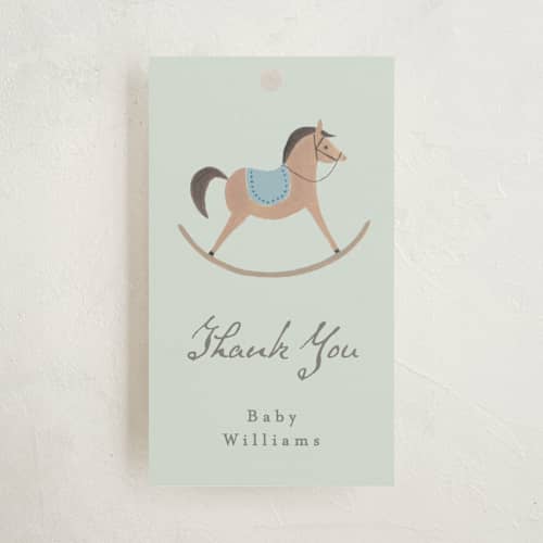 This is a sky baby shower favor tags with standard by Karidy Walker called heirloom rocking horse printing on signature in tag