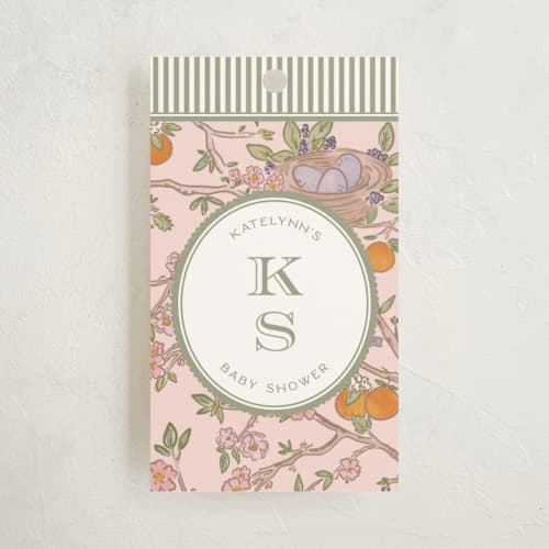 This is a petal baby shower favor tags with standard by Jenna Holcomb called bird and bough printing on signature in tag